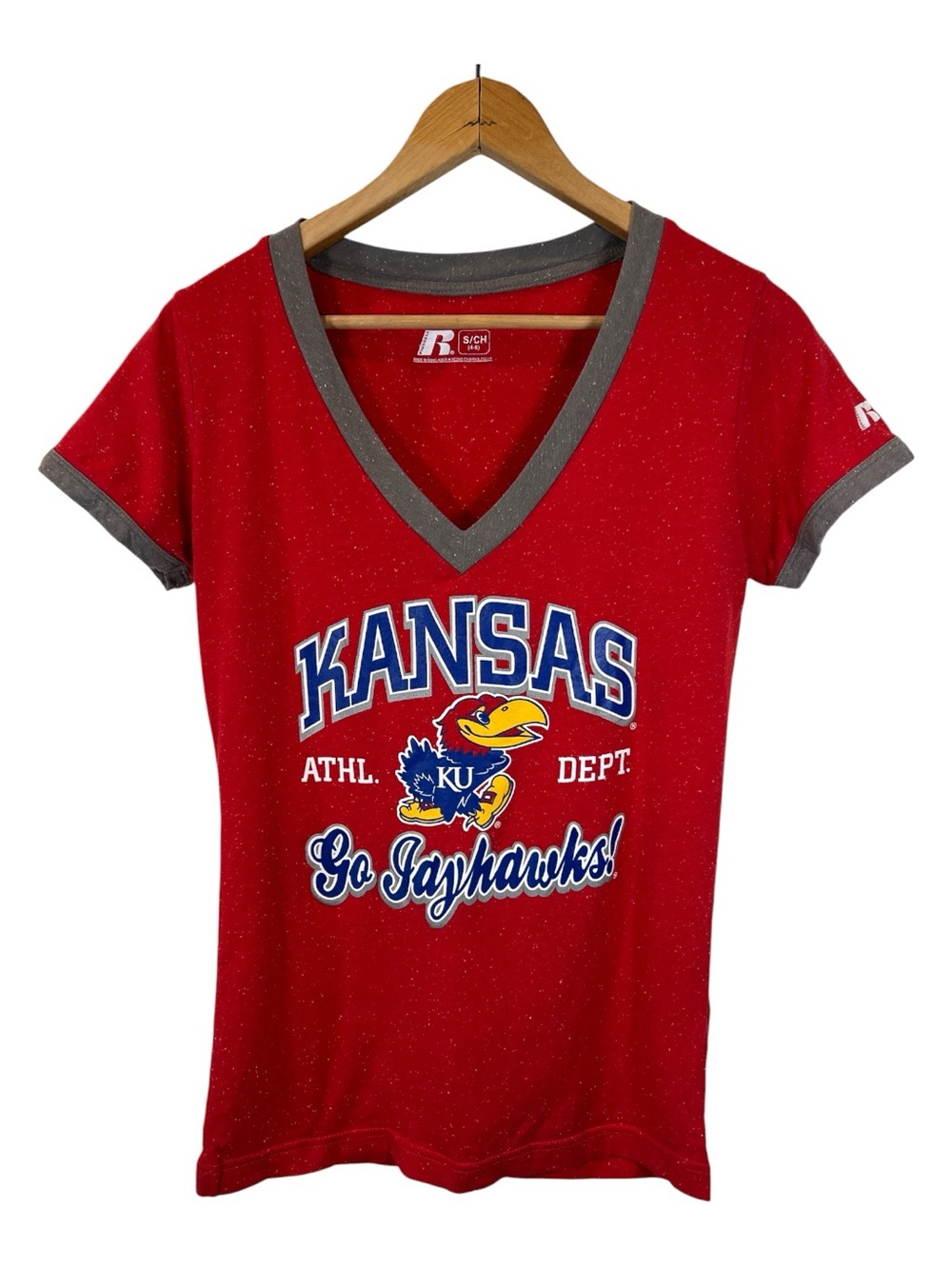Russell Athletic Kansas Jayhawks Red V-Neck Kids Tee - Size Small